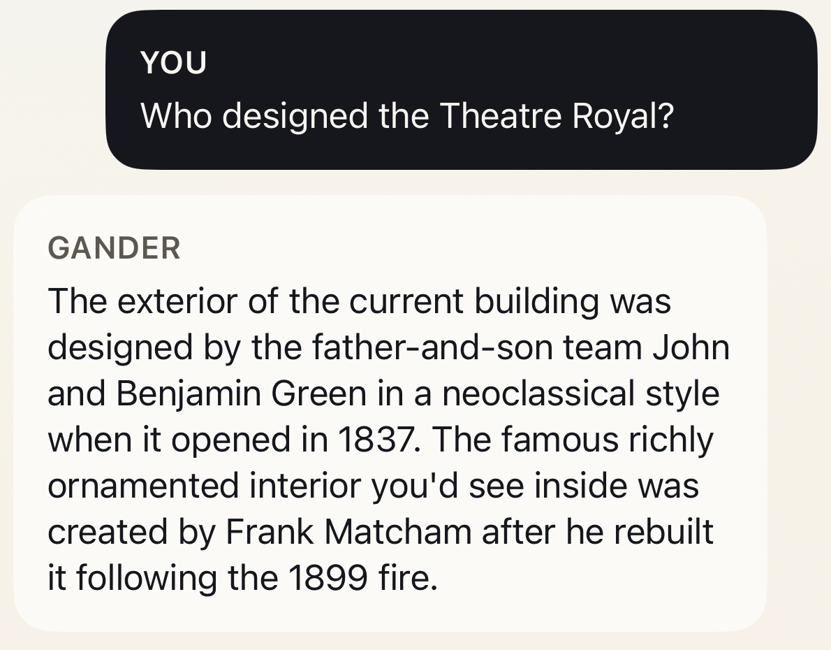 Who designed the Theatre Royal? Gander answers John and Benjamin Green, with Frank Matcham’s later interior.