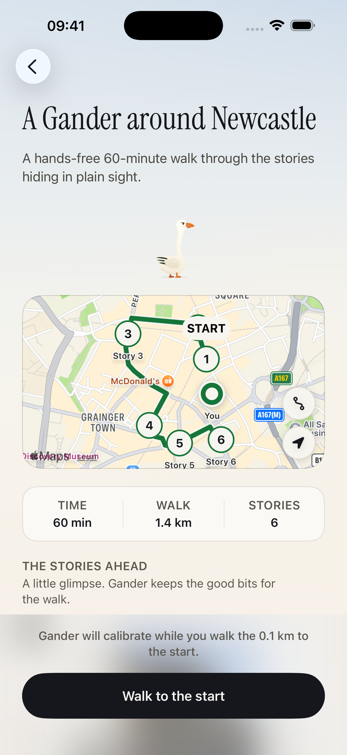 Newcastle guide overview with route, six stories and start button